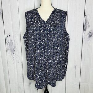 Que Zhu Womens Navy Floral Sleeveless Blouse Sz 2XL V-Neck Stretch